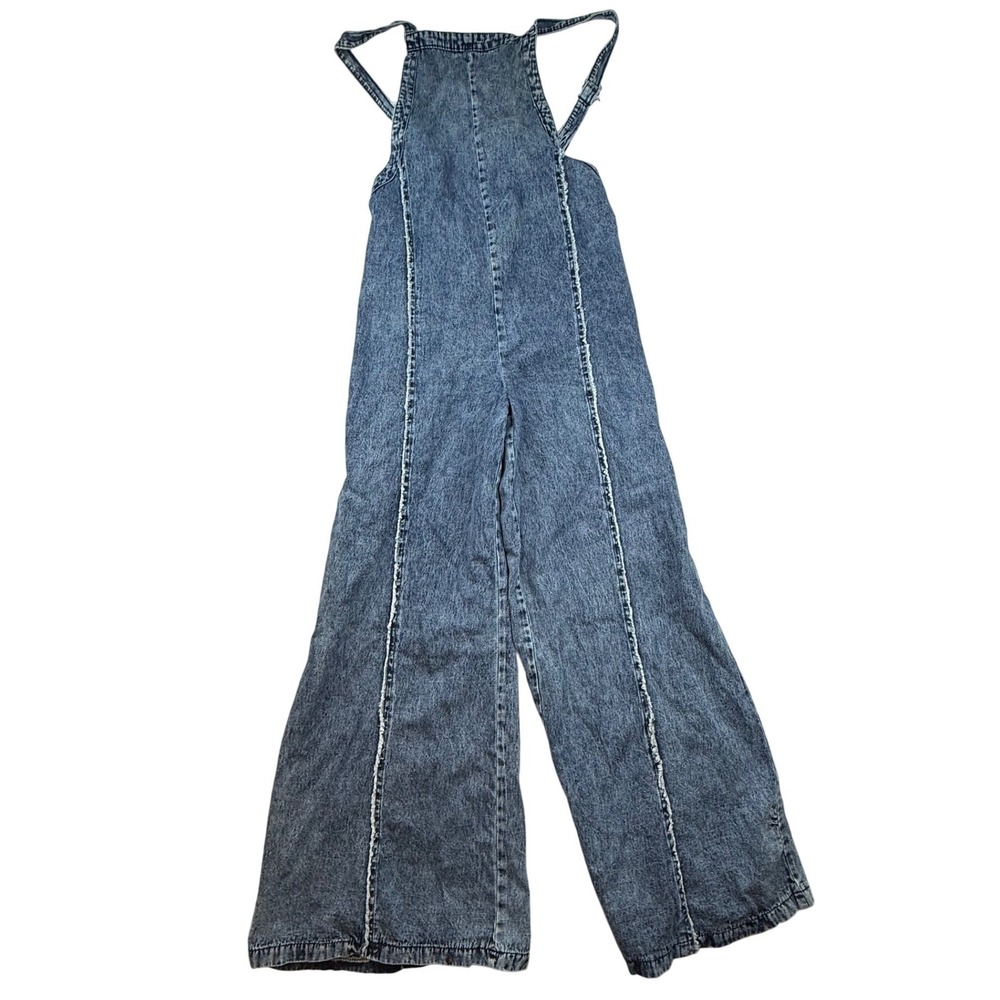 Acid Wash Blue Denim Wide Leg Overalls Exposed Seam Jumpsuit M‎ 90 style retro